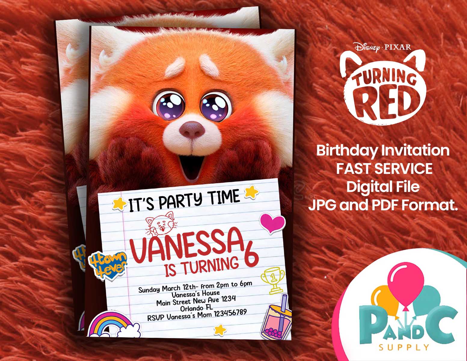 disney pixar turning red birthday party invitation 3