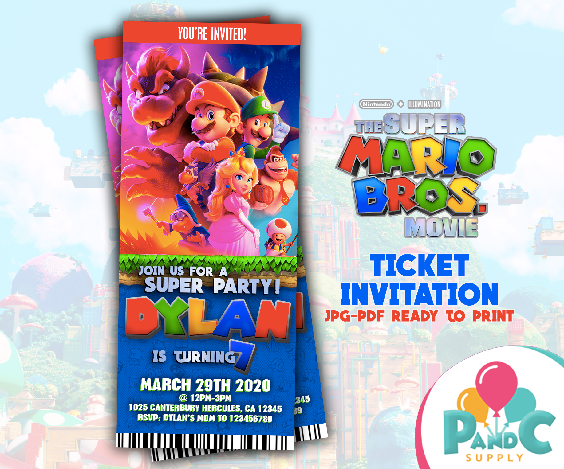 Super Mario Movie Ticket Invitation Birthday Party
