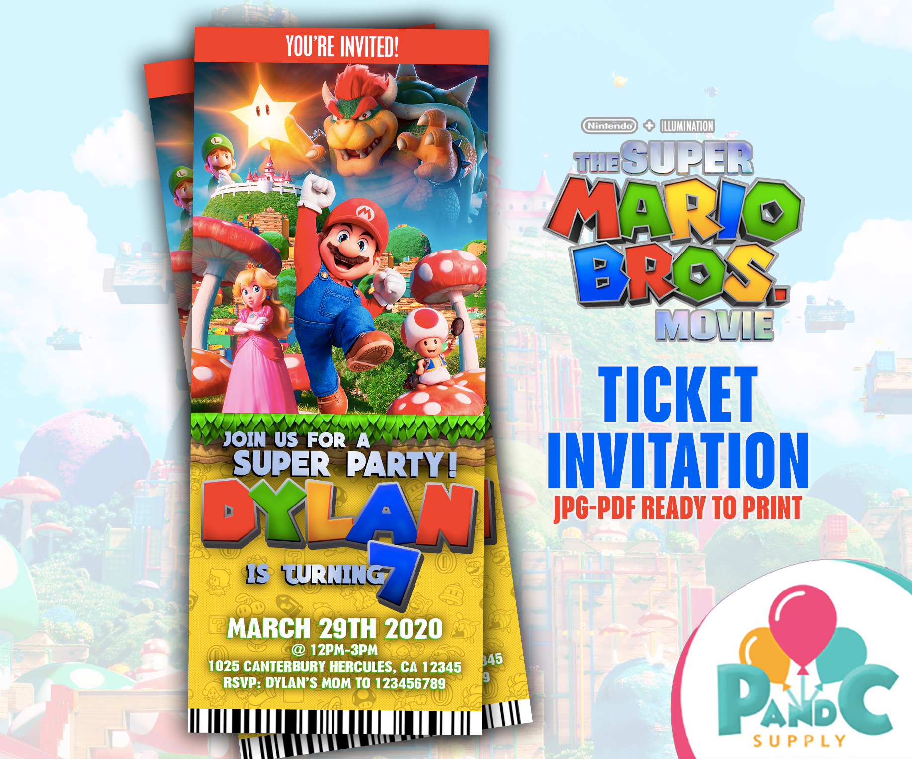 Super Mario Movie Ticket Invitation Birthday Party