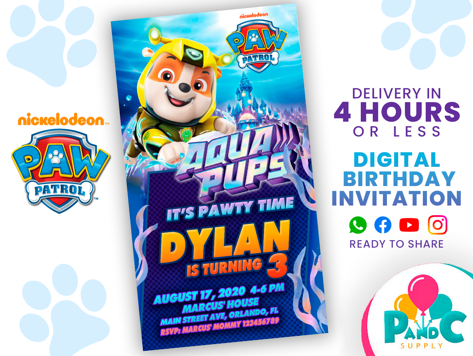 paw patrol aqua pups birthday invitation party