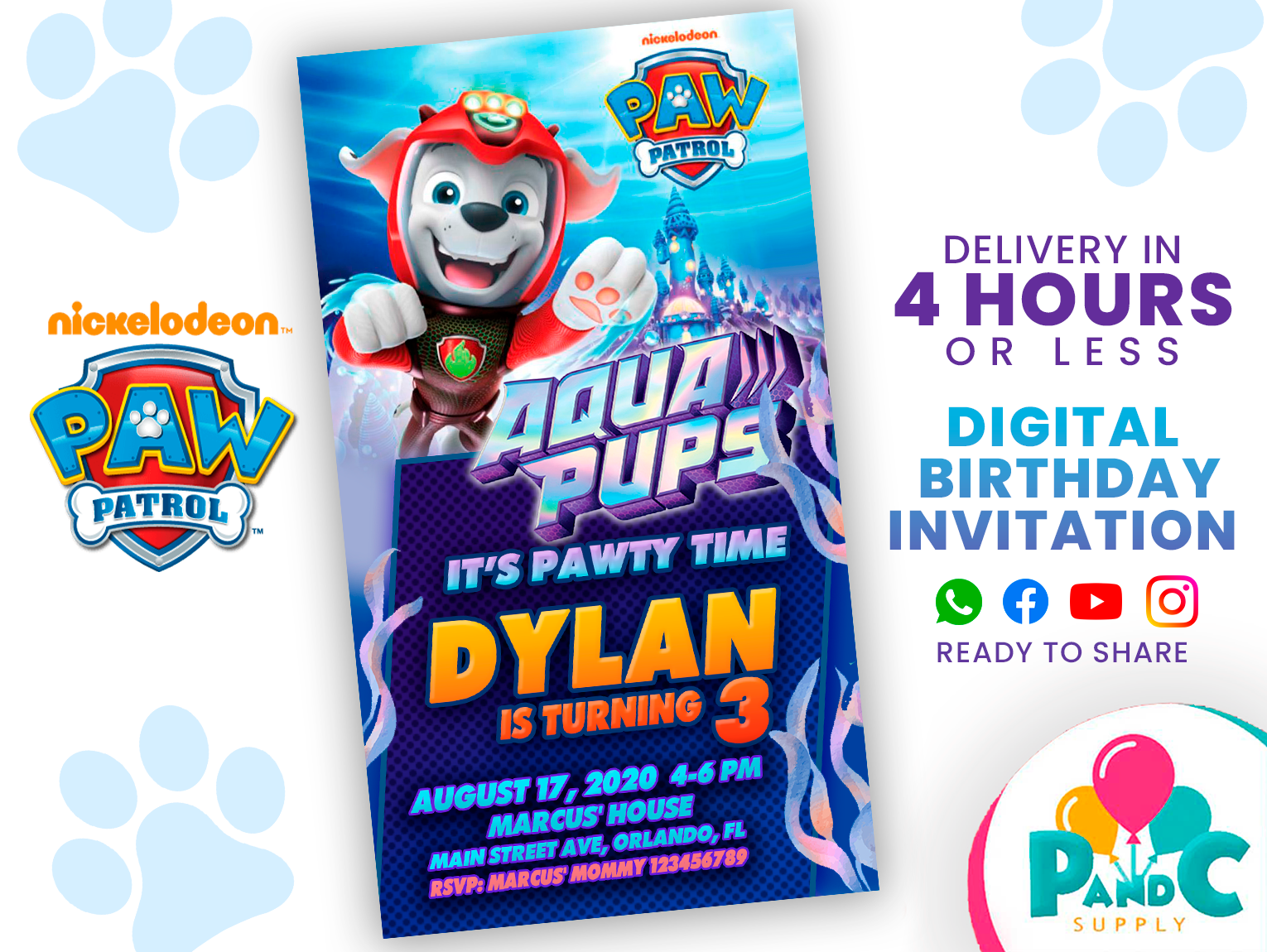 paw patrol aqua pups birthday invitation party