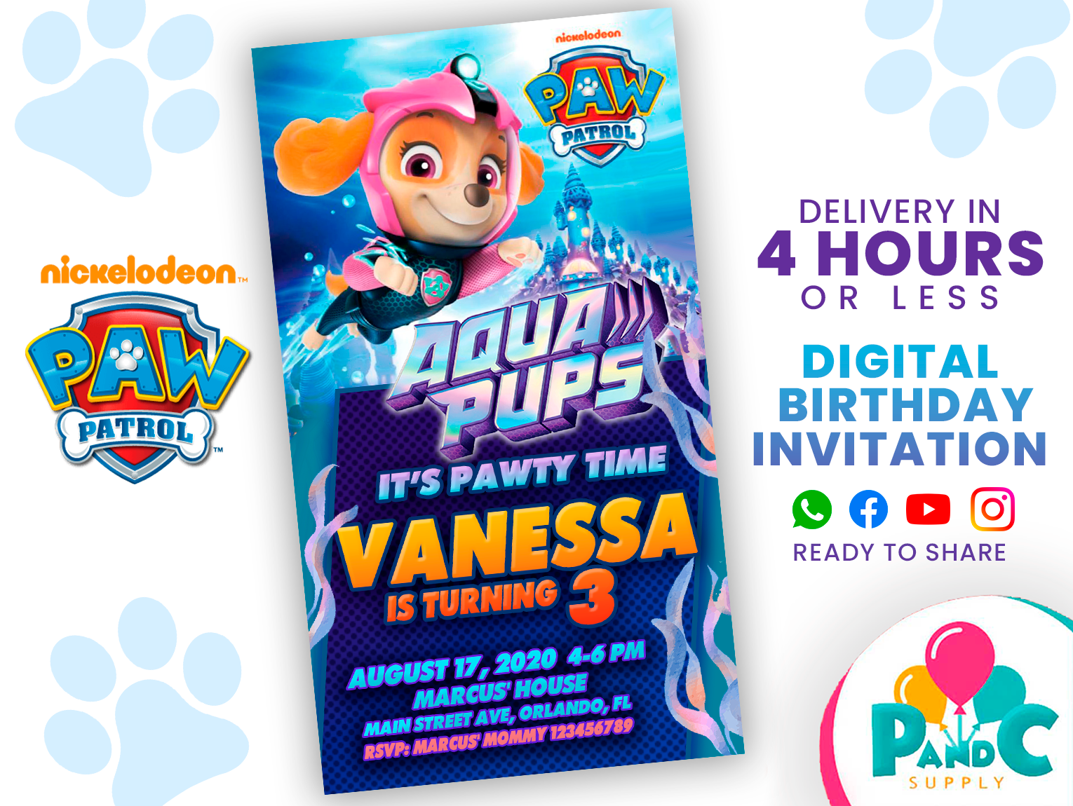 paw patrol aqua pups birthday invitation party