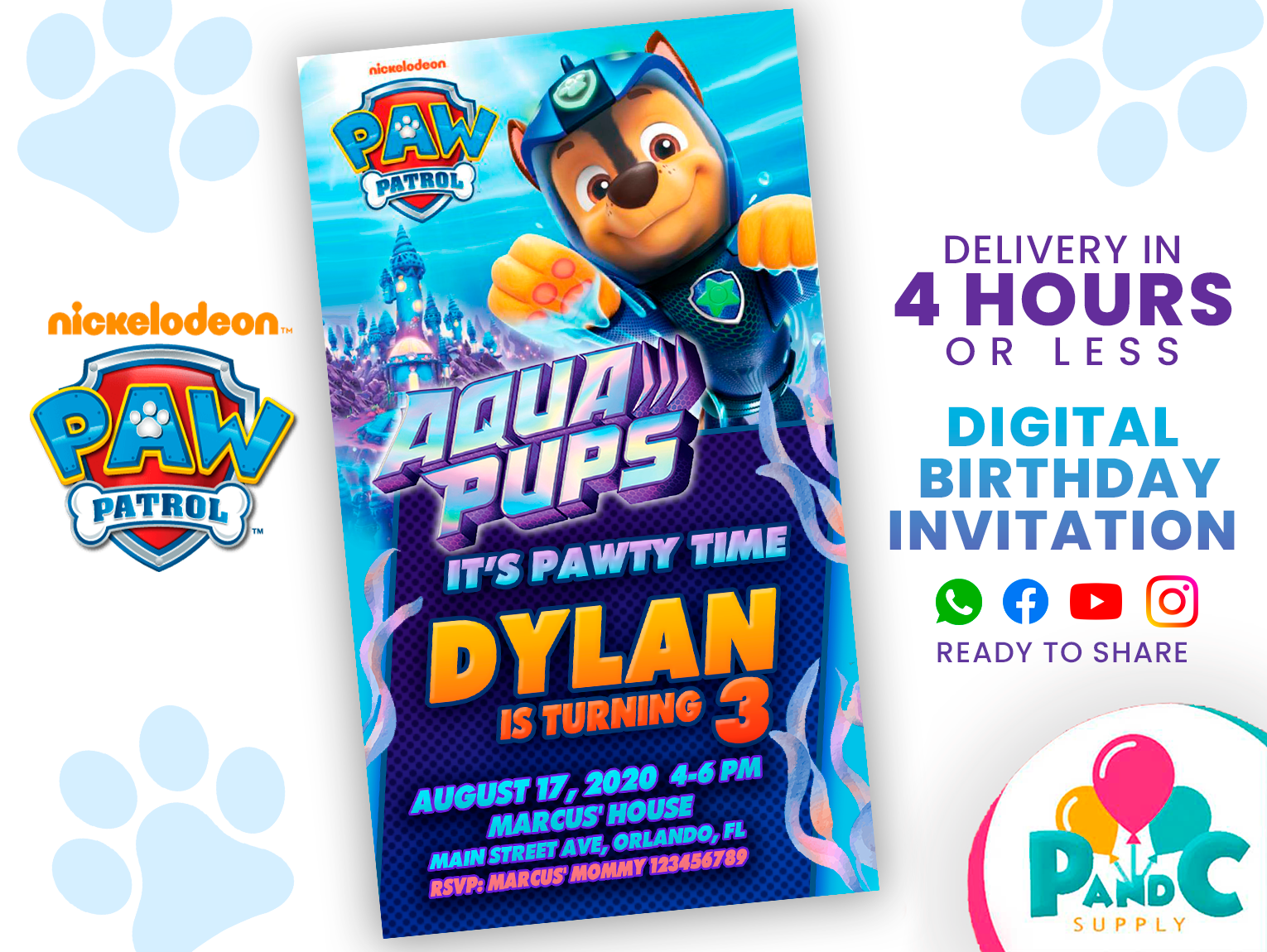 paw patrol aqua pups birthday invitation party