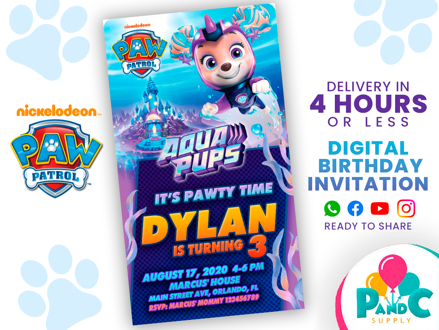 paw patrol aqua pups birthday invitation party