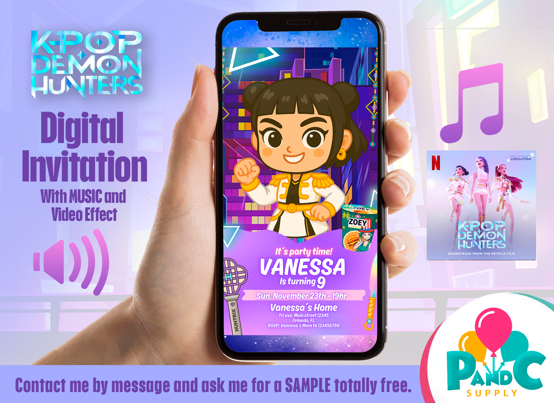 Editable K‑pop Demon Hunters birthday invitation featuring anime‑style pop band characters with space to customize name, age, date and venue.