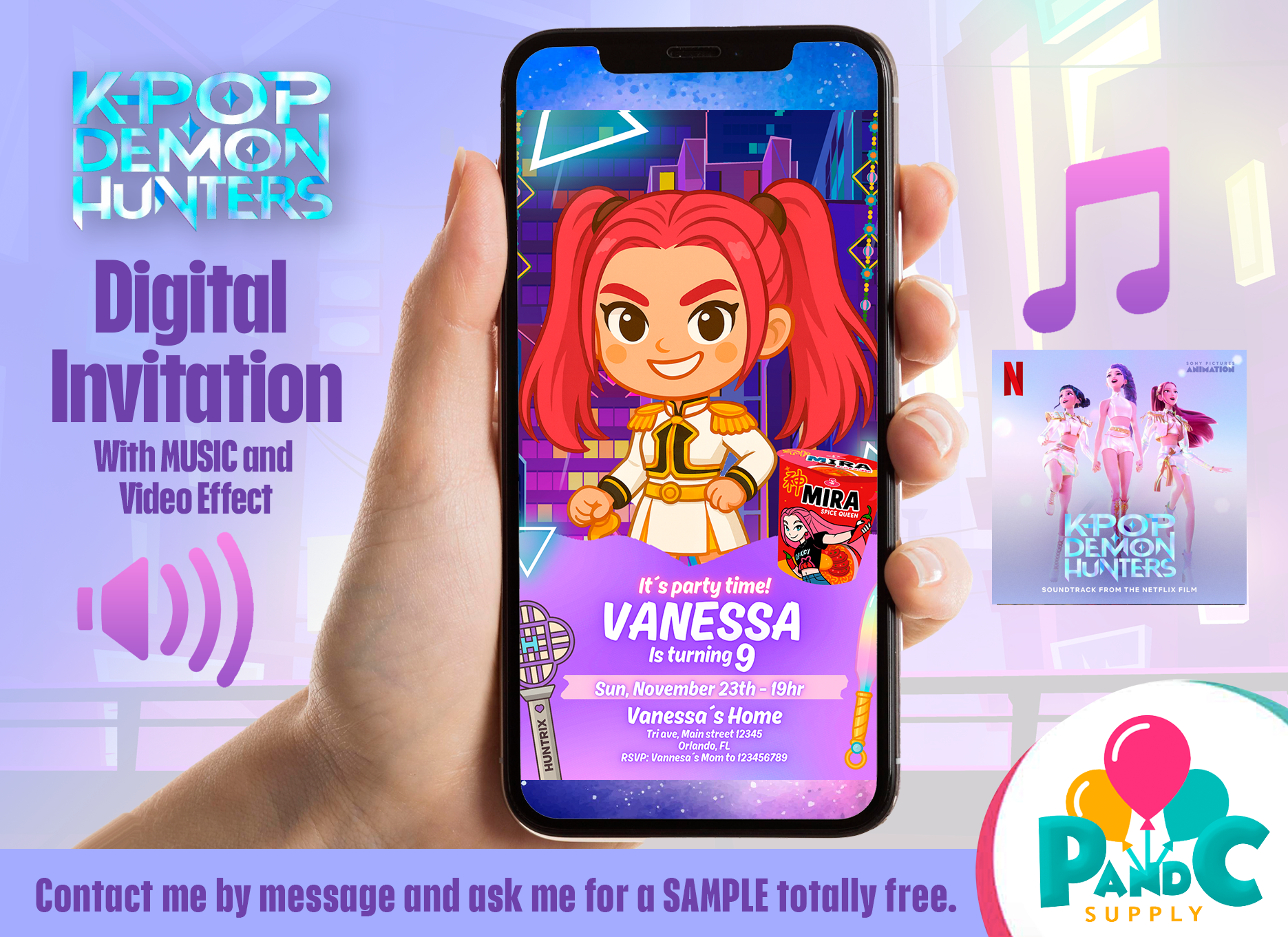 Editable K‑pop Demon Hunters birthday invitation featuring anime‑style pop band characters with space to customize name, age, date and venue.