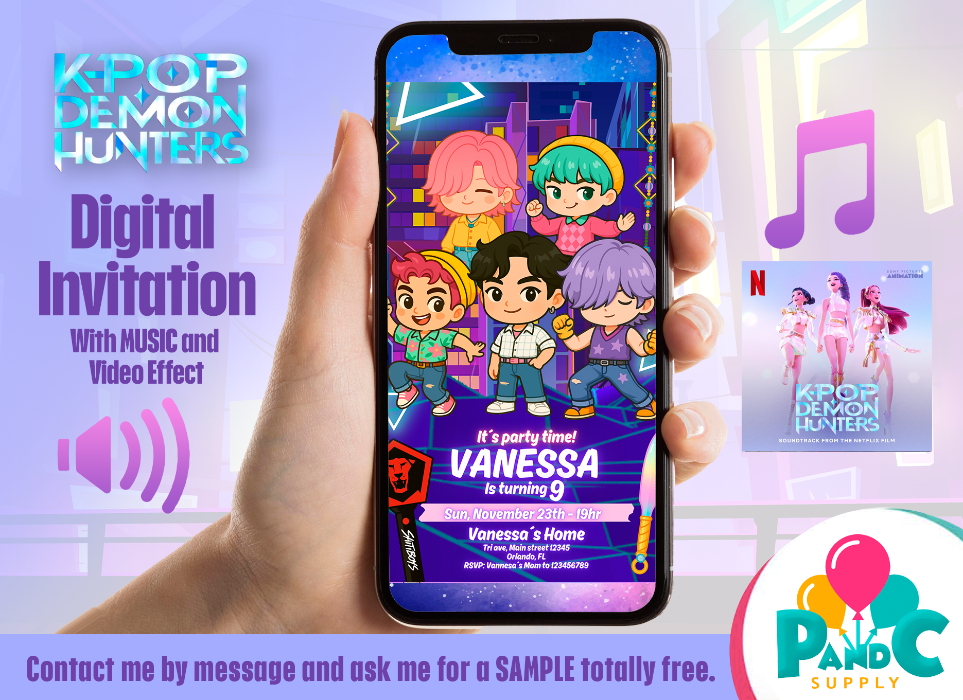 Editable K‑pop Demon Hunters birthday invitation featuring anime‑style pop band characters with space to customize name, age, date and venue.