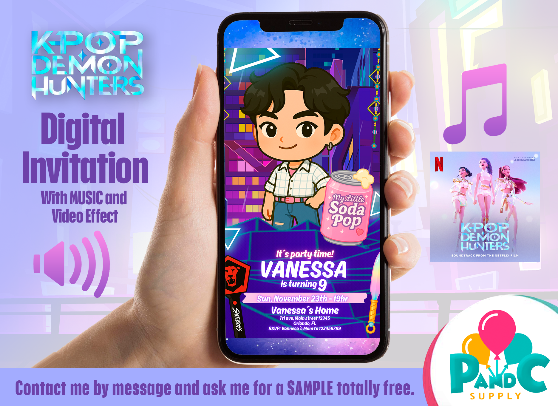Editable K‑pop Demon Hunters birthday invitation featuring anime‑style pop band characters with space to customize name, age, date and venue.
